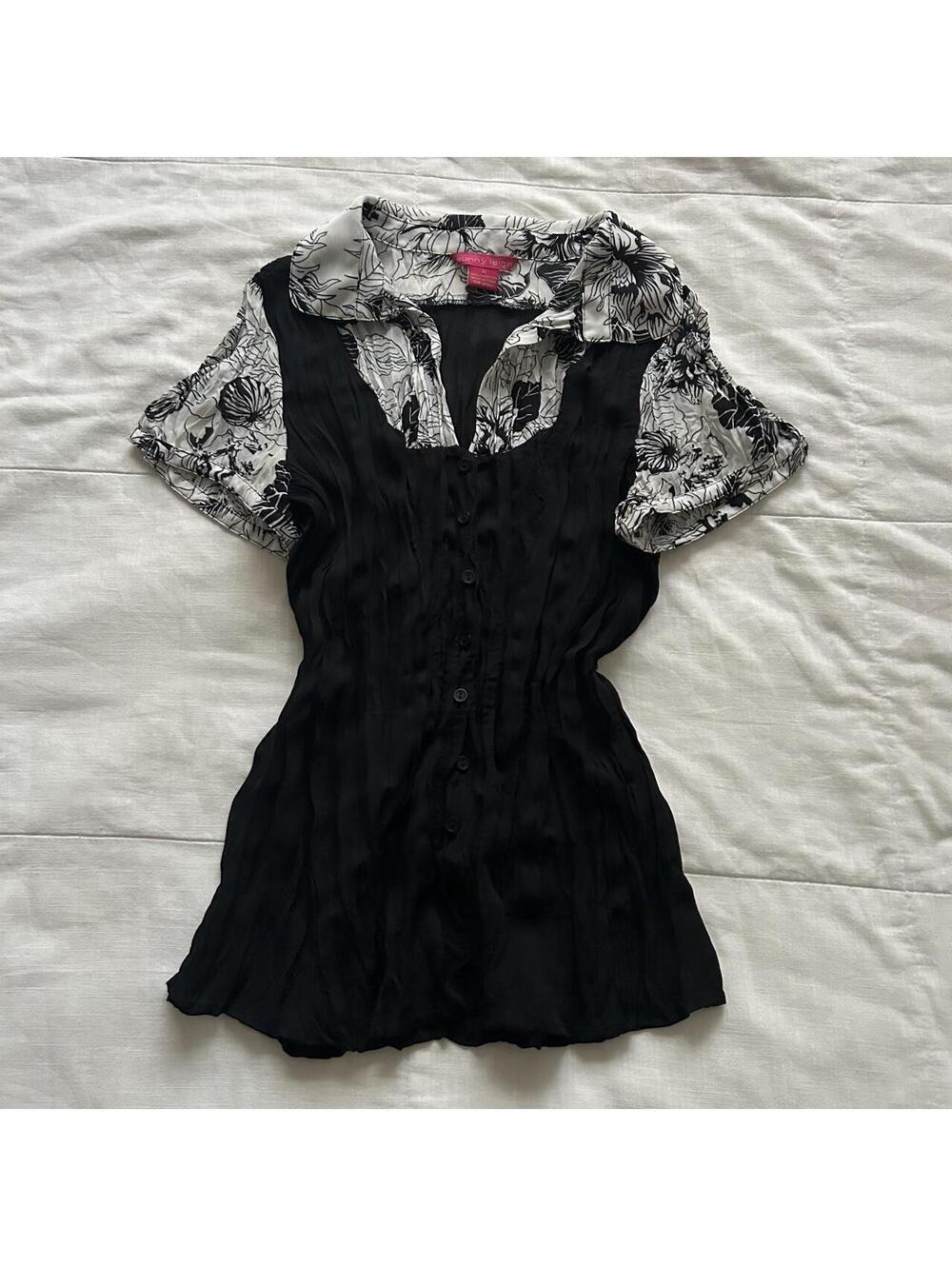 Sunny Leigh Black White Floral Print Layered Vest Blouse Puff Sleeve M